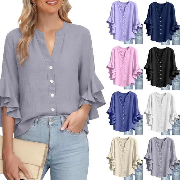 Dvprdro Womens 3/4 Sleeve Button Down Shirts Cotton Linen V Neck Blouses Casual Summer Tops with Floral Lace Cuffs