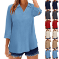 thumbnail image 1 of Dvprdro Womens 3/4 Sleeve V Neck Tops Embroidered Cotton Linen Blouses Vacation Going Out Tops Blue M, 1 of 6