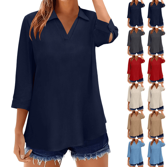 Dvprdro Womens 3/4 Sleeve V Neck Tops Embroidered Cotton Linen Blouses Vacation Going Out Tops Navy L