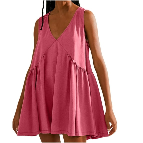 Dvprdro Womens A Line Sundress Summer Fashion Solid V Neck Sleeveless Tiered Pleated Flowy Tank Casual Loose Beach Mini Dress