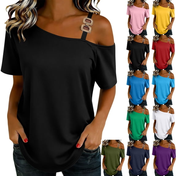 Dvprdro Womens Asymmetrical Neck Tops Pullover Short Sleeve Blouses Loose Fit Dressy Casual Summer