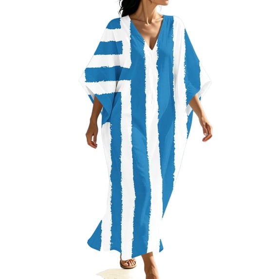 Dvprdro Womens Boho V Neck Color Blocked 3/4 Sleeve Side Slit Loose A Line Maxi Dress Casual Beach