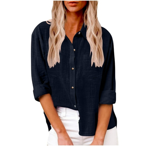 Dvprdro Womens Button Down Cotton Linen Dressy Shirts Casual Classic Lapel Neck Long Sleeve Plus Size Blouse Loose Fit Work Tops for Women with Two Pockets Dark Blue 2XL