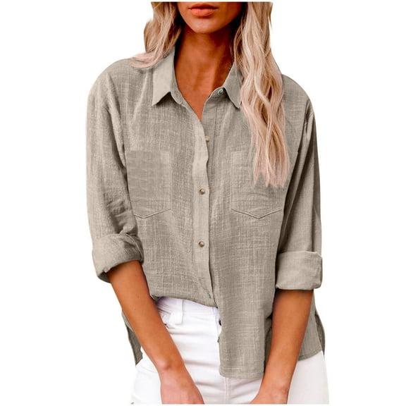 Dvprdro Womens Button Down Cotton Linen Dressy Shirts Casual Classic Lapel Neck Long Sleeve Plus Size Blouse Loose Fit Work Tops for Women with Two Pockets Khaki M