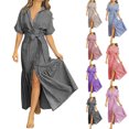 thumbnail image 1 of Dvprdro Womens Casual Beach Maxi Dress Striped Collared Short Sleeve Button Front Tie Waist Ruffle Hem Loose A Line, 1 of 6