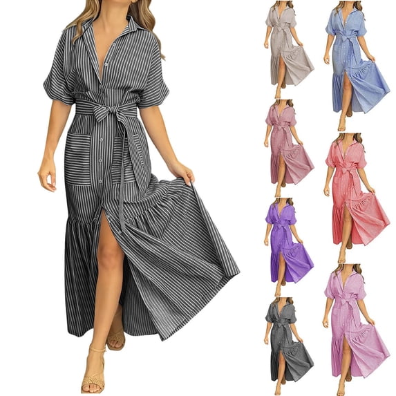 Dvprdro Womens Casual Beach Maxi Dress Striped Collared Short Sleeve Button Front Tie Waist Ruffle Hem Loose A Line