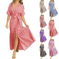 thumbnail image 1 of Dvprdro Womens Casual Beach Maxi Dress Striped Collared Short Sleeve Button Front Tie Waist Ruffle Hem Loose A Line, 1 of 6