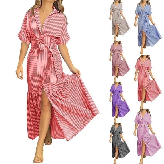 Dvprdro Womens Casual Beach Maxi Dress Striped Collared Short Sleeve Button Front Tie Waist Ruffle Hem Loose A Line