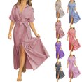 thumbnail image 1 of Dvprdro Womens Casual Beach Maxi Dress Striped Collared Short Sleeve Button Front Tie Waist Ruffle Hem Loose A Line, 1 of 6