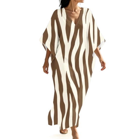 Dvprdro Womens Casual Beach Maxi Dress V Neck 3/4 Sleeve Moire Print Side Slit Loose A Line Flowy Bohemian
