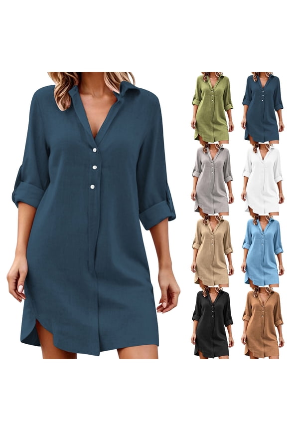 Womens Casual Beach Shirt Dress 2026 Long Sleeve Cotton Linen Collared Button Front Oversized A Line Mini Solid Vacation