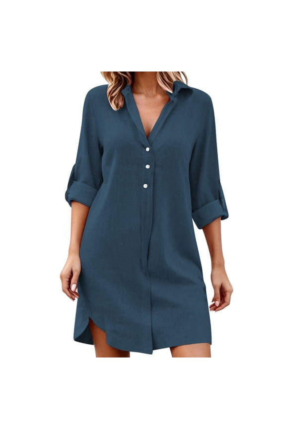 Womens Casual Beach Shirt Dress 2026 Long Sleeve Cotton Linen Collared Button Front Oversized A Line Mini Solid Vacation