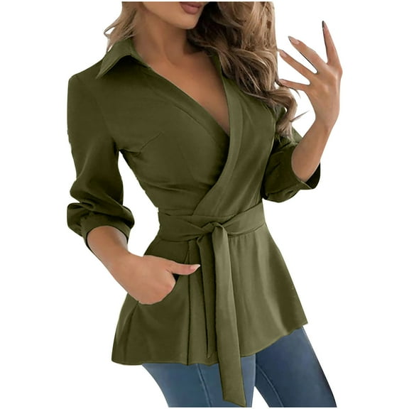 Dvprdro Womens Casual Blouse Fashion Solid Tie Long Sleeve V-Neck Shirts Trendy Crosscriss Pleated Tops with Pocket