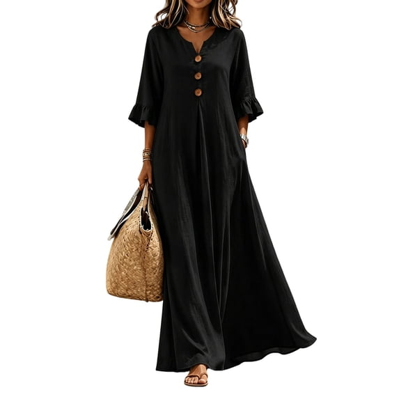 Dvprdro Womens Casual Flowy V Neck 3/4 Sleeve Ruffle Hem Maxi Dress Button Front Solid A Line Beach Vacation Long Dress