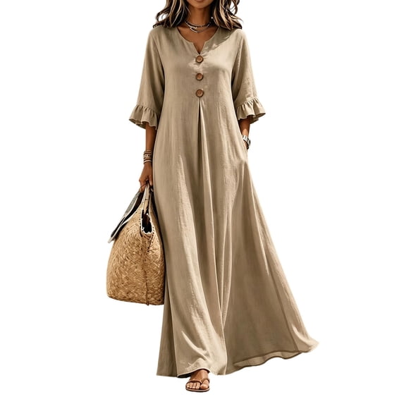 Dvprdro Womens Casual Flowy V Neck 3/4 Sleeve Ruffle Hem Maxi Dress Button Front Solid A Line Beach Vacation Long Dress