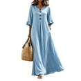 thumbnail image 1 of Dvprdro Womens Casual Flowy V Neck 3/4 Sleeve Ruffle Hem Maxi Dress Button Front Solid A Line Beach Vacation Long Dress, 1 of 10