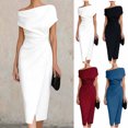 thumbnail image 1 of Dvprdro Womens Casual Office Midi Dress Off Shoulder Ruched Waist Loose Fit A Line Dress Solid Elegant, 1 of 5