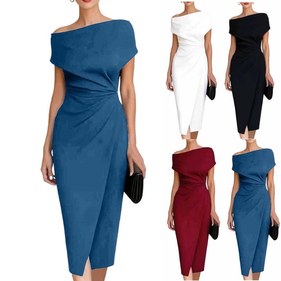 Dvprdro Womens Casual Office Midi Dress Off Shoulder Ruched Waist Loose Fit A Line Dress Solid Elegant