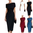 thumbnail image 1 of Dvprdro Womens Casual Office Midi Dress Off Shoulder Ruched Waist Loose Fit A Line Dress Solid Elegant, 1 of 6