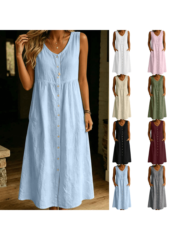 Womens Casual Summer Maxi Dress Linen V Neck Sleeveless Button Down Side Pockets Beach
