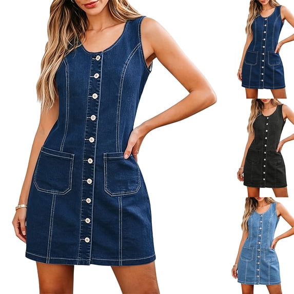 Dvprdro Womens Casual Summer Mini Denim Dress Crewneck Sleeveless Button Front Pocket Shift A Line Dress Solid