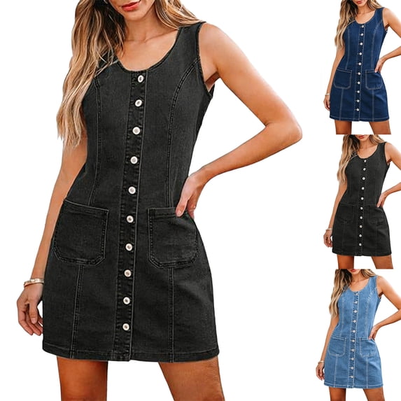 Dvprdro Womens Casual Summer Mini Denim Dress Crewneck Sleeveless Button Front Pocket Shift A Line Dress Solid