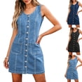 thumbnail image 1 of Dvprdro Womens Casual Summer Mini Denim Dress Crewneck Sleeveless Button Front Pocket Shift A Line Dress Solid, 1 of 6