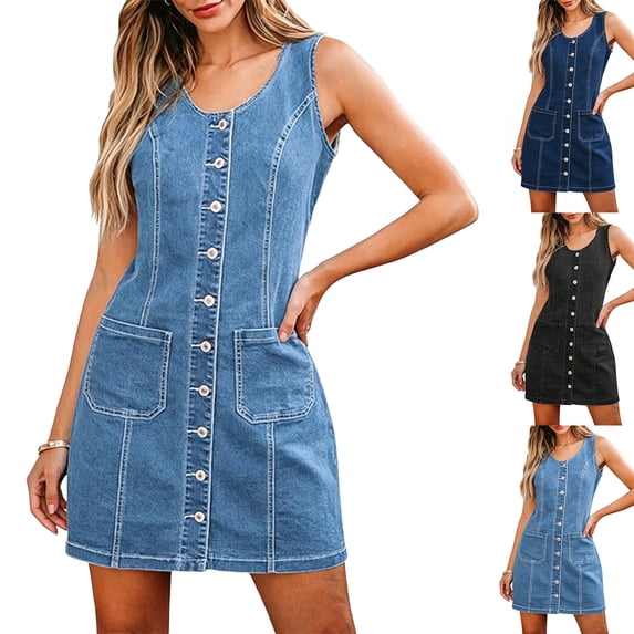 Dvprdro Womens Casual Summer Mini Denim Dress Crewneck Sleeveless Button Front Pocket Shift A Line Dress Solid