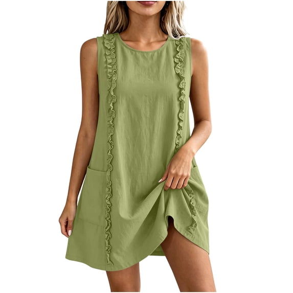 Dvprdro Womens Casual Summer Mini Dress Crewneck Sleeveless Ruffle Detail Side Pockets Shift A Line Dress Solid