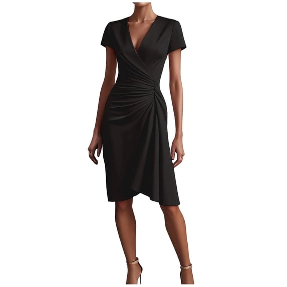 Dvprdro Womens Casual Work Mini Dress V Neck Short Sleeve Pleated Front Slim Fit Pencil Dress Solid