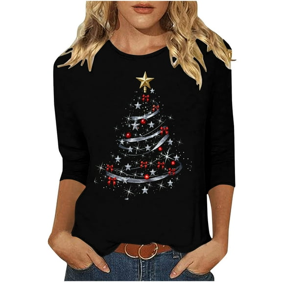 Dvprdro Womens Christmas Tops Fashion Round Neck 3/4 Sleeve T-shirt Festive Holiday Print Crewneck Blouse