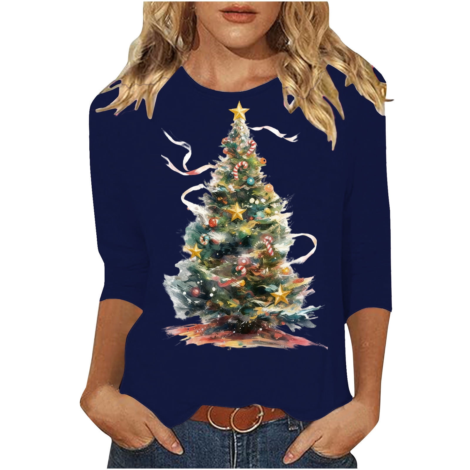 Dvprdro Womens Christmas Tops Fashion Round Neck 3/4 Sleeve Tshirt — free download