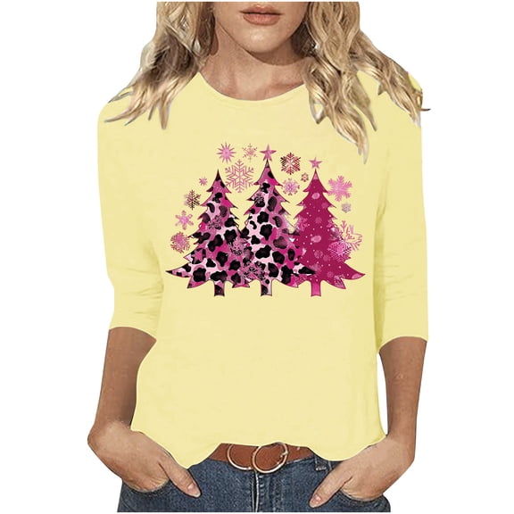 Dvprdro Womens Christmas Tops Fashion Round Neck 3/4 Sleeve T-shirt Festive Holiday Print Crewneck Blouse