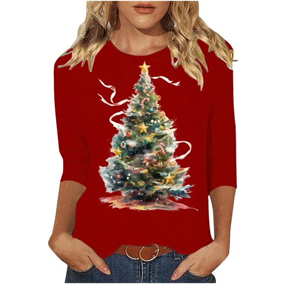 Dvprdro Womens Christmas Tops Fashion Round Neck 3/4 Sleeve T-shirt Festive Holiday Print Crewneck Blouse