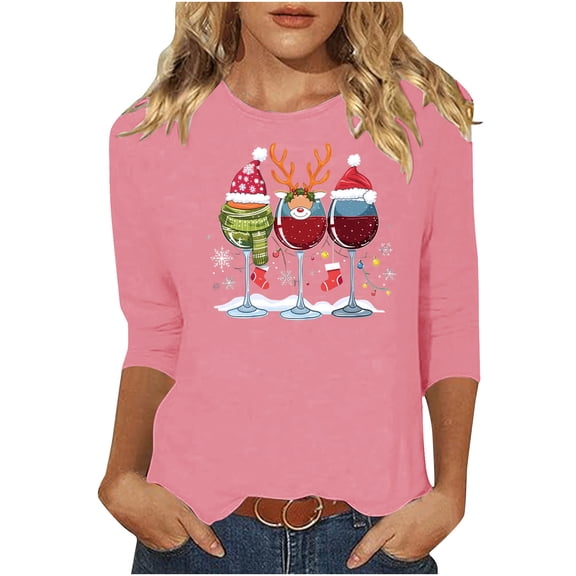 Dvprdro Womens Christmas Tops Fashion Round Neck 3/4 Sleeve T-shirt Festive Holiday Print Crewneck Blouse