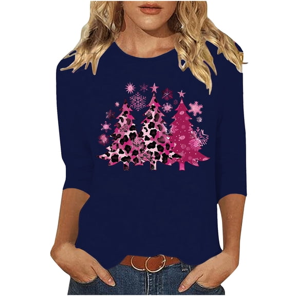 Dvprdro Womens Christmas Tops Fashion Round Neck 3/4 Sleeve T-shirt Festive Holiday Print Crewneck Blouse