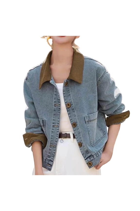 Womens Corduroy Collar Denim Jacket Button Front Patch Pockets Contrast Spliced Casual Fall Outwear