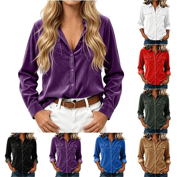 Dvprdro Womens Corduroy Shirt Button Down Collared Long Sleeve with Pockets Solid Casual Fall Tops