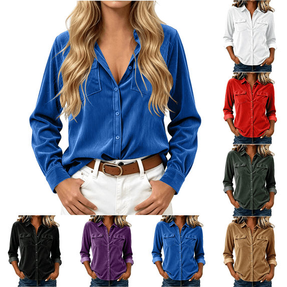 Dvprdro Womens Corduroy Shirt Button Down Collared Long Sleeve with Pockets Solid Casual Fall Tops