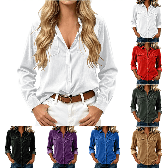 Dvprdro Womens Corduroy Shirt Button Down Collared Long Sleeve with Pockets Solid Casual Fall Tops