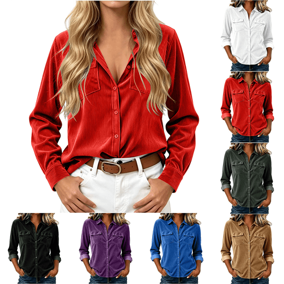 Dvprdro Womens Corduroy Shirt Button Down Collared Long Sleeve with Pockets Solid Casual Fall Tops