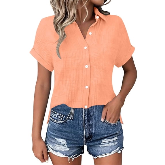 Dvprdro Womens Cotton Button Down Shirt Collared Short Sleeve Side Slits Loose Fit Casual Summer Top