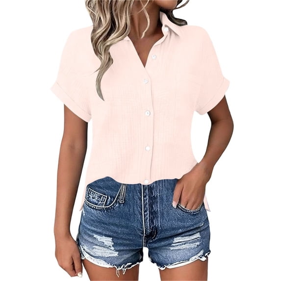 Dvprdro Womens Cotton Button Down Shirt Collared Short Sleeve Side Slits Loose Fit Casual Summer Top