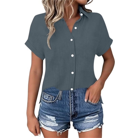 Dvprdro Womens Cotton Button Down Shirt Collared Short Sleeve Side Slits Loose Fit Casual Summer Top