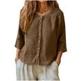 thumbnail image 1 of Dvprdro Womens Cotton Linen 3/4 Sleeve Button Front Round Neck Blouses Loose Fit Summer Tops, 1 of 7
