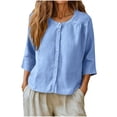 thumbnail image 1 of Dvprdro Womens Cotton Linen 3/4 Sleeve Button Front Round Neck Blouses Loose Fit Summer Tops, 1 of 7