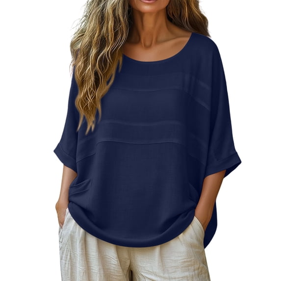 Dvprdro Womens Cotton Linen Blouses 3/4 Sleeve Round Neck Loose Fit Tops Casual Summer Shirts