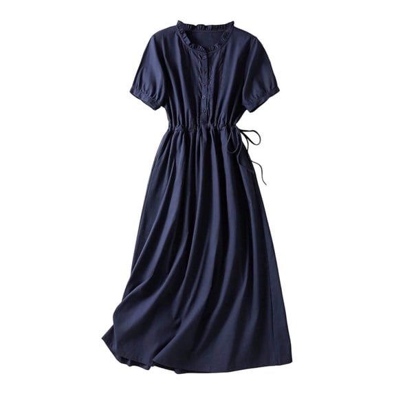 Dvprdro Womens Cotton Linen Crewneck Short Sleeve Shirred Ruffle Hem Lightweight A Line Midi Dress Casual Work