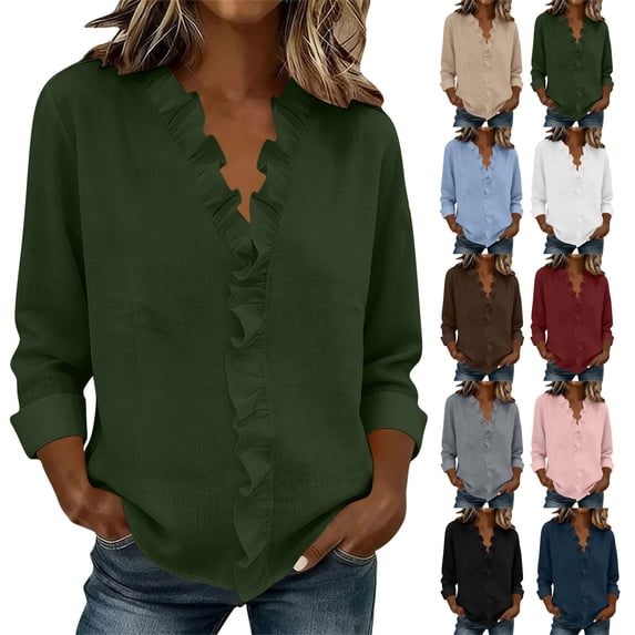 Dvprdro Womens Cotton Linen Pullover Tops Long Sleeve V Neck Blouses Solid Casual Shirts with Ruffle Hem