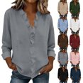 thumbnail image 1 of Dvprdro Womens Cotton Linen Pullover Tops Long Sleeve V Neck Blouses Solid Casual Shirts with Ruffle Hem, 1 of 6